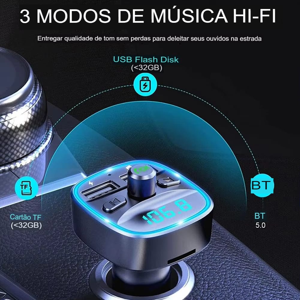 Transmissor FM Bluetooth 5.0 com Carregador USB e Viva-voz para Carro - Imagem 6