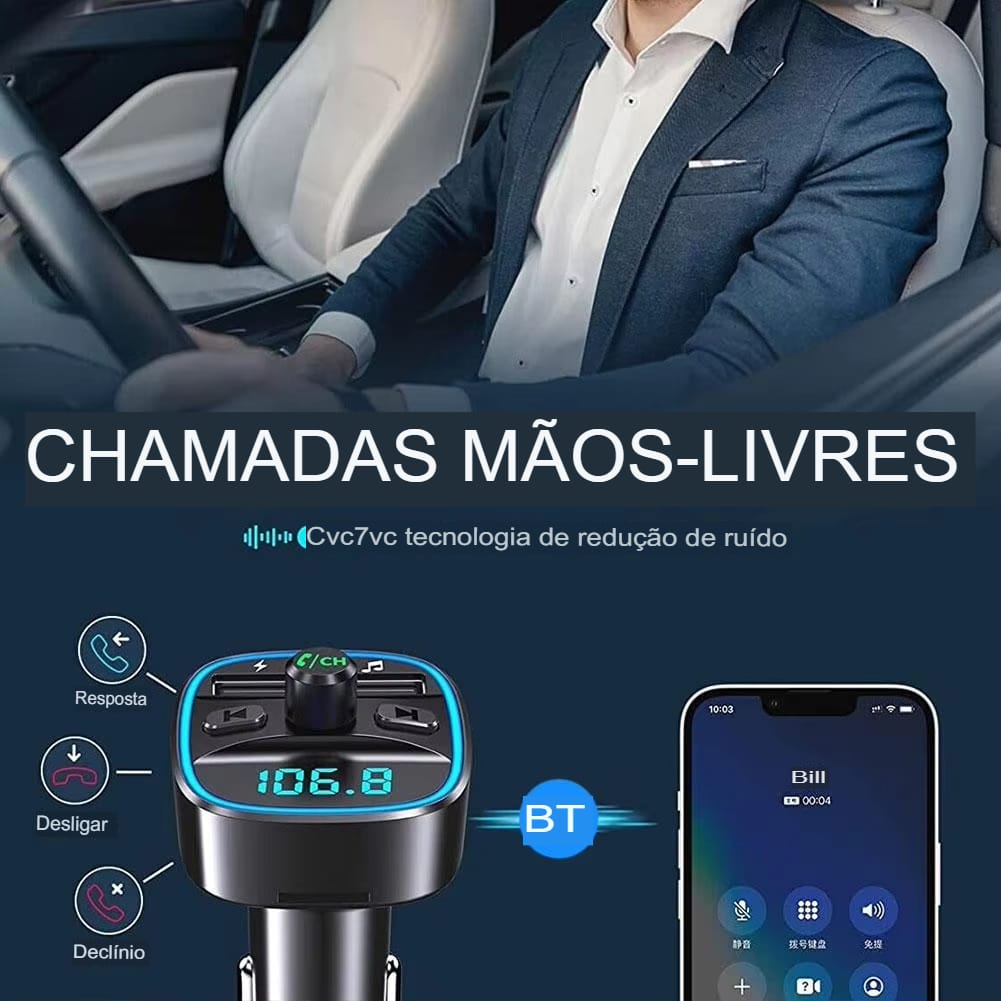 Transmissor FM Bluetooth 5.0 com Carregador USB e Viva-voz para Carro - Imagem 3