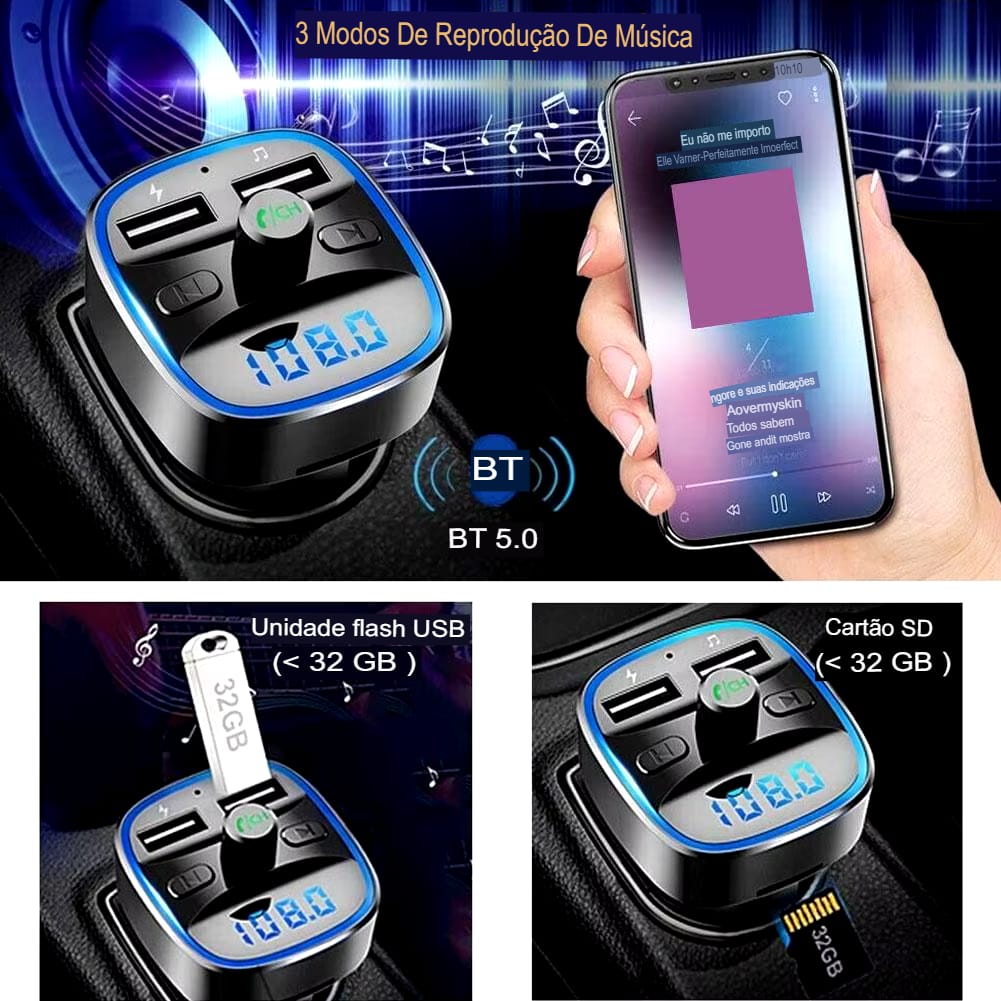 Transmissor FM Bluetooth 5.0 com Carregador USB e Viva-voz para Carro - Imagem 2