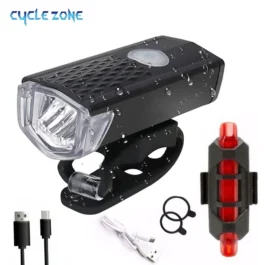 Conjunto de Luz USB Recarregável para Bicicleta com Lanterna e Farol Traseiro