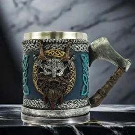 Caneca Viking de Resina e Aço Inox para Cerveja e Decoração