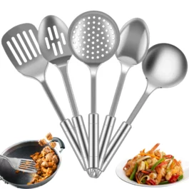 Conjunto de Utensílios de Cozinha em Aço Inox com Alça Ergonômica, 5 Peças